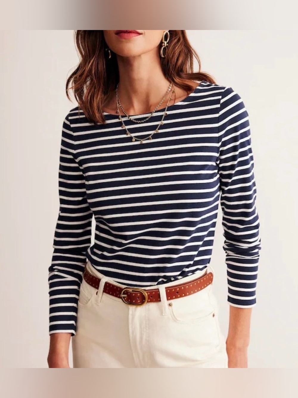 Boden Women’s Ella Super Soft Tee Long-Sleeve Boatneck Navy White Striped Top L